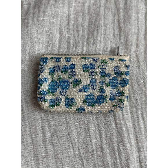 Handbags - Vintage Small Beaded Coin Purse Pouch Blue Floral Clutch Wallet